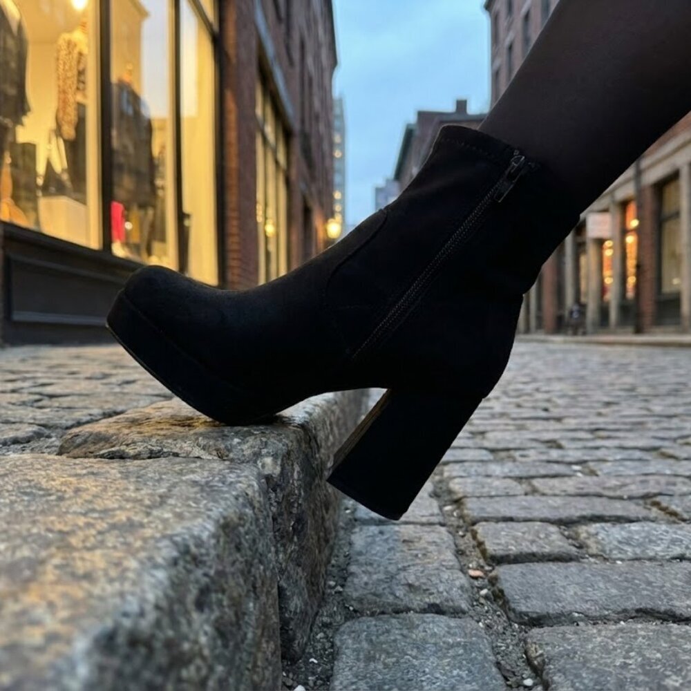NIB Pazzle Black Faux Suede Platform Ankle Boots Block Heel Booties 90s Y2K - Picture 5 of 6